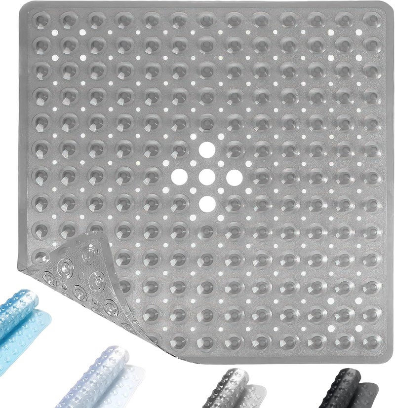 ADO Shower Mat Non Slip, 21x21 inch Square Shower Mats for Inside Shower, Anti-Slip Safety Bathroom Mat with Strong Secure Suction Cups and Drain Holes, Machine Washable (Grey) - Image 1